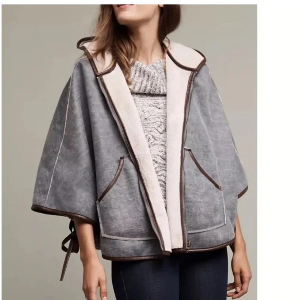 Anthropologie reversible denim and Sherpa poncho with faux leather trim